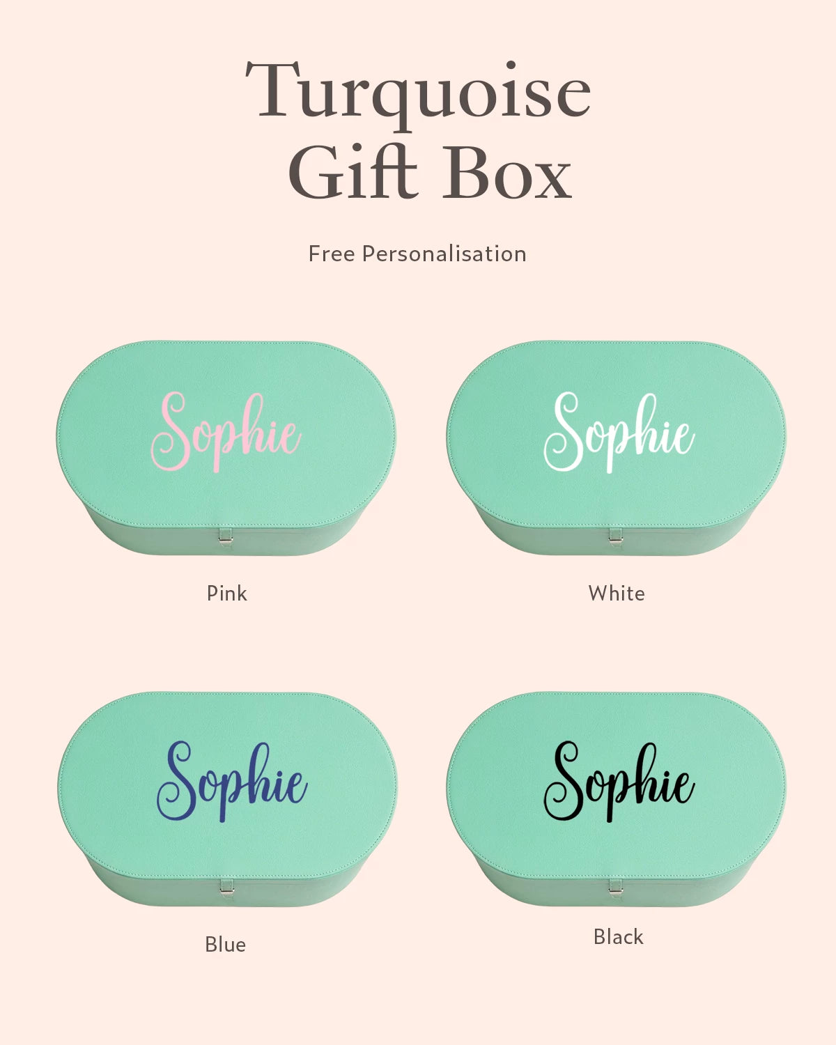 free personalisation turquoise gift box in pink, white, blue and black 