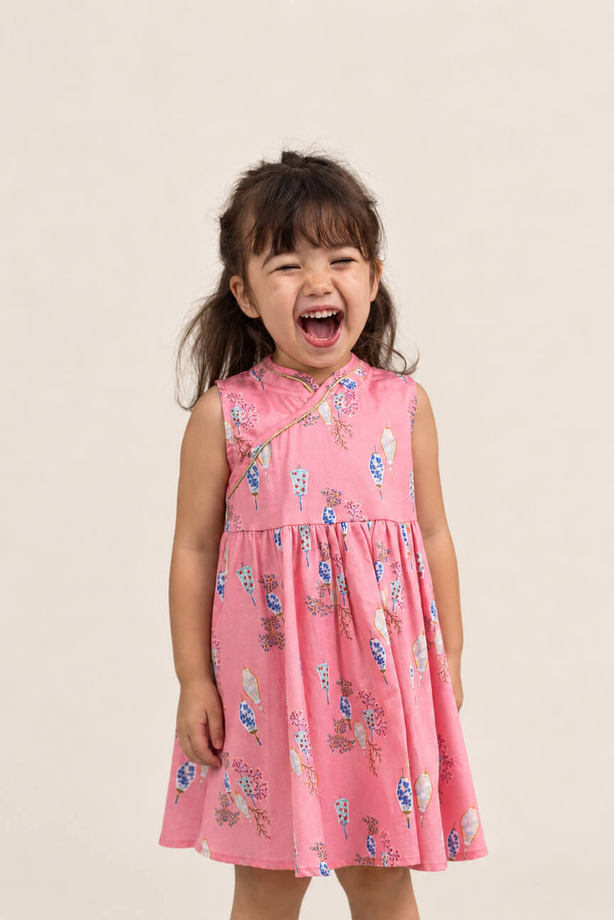 Flare Cheongsam - Pink Floral Lanterns