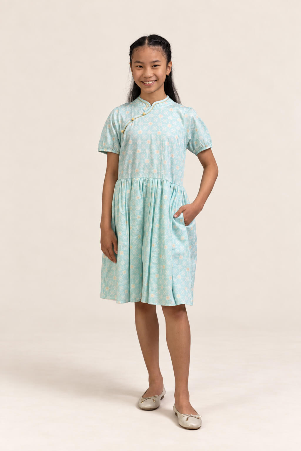 Giselle Cheongsam - Teal Plaid Tiles