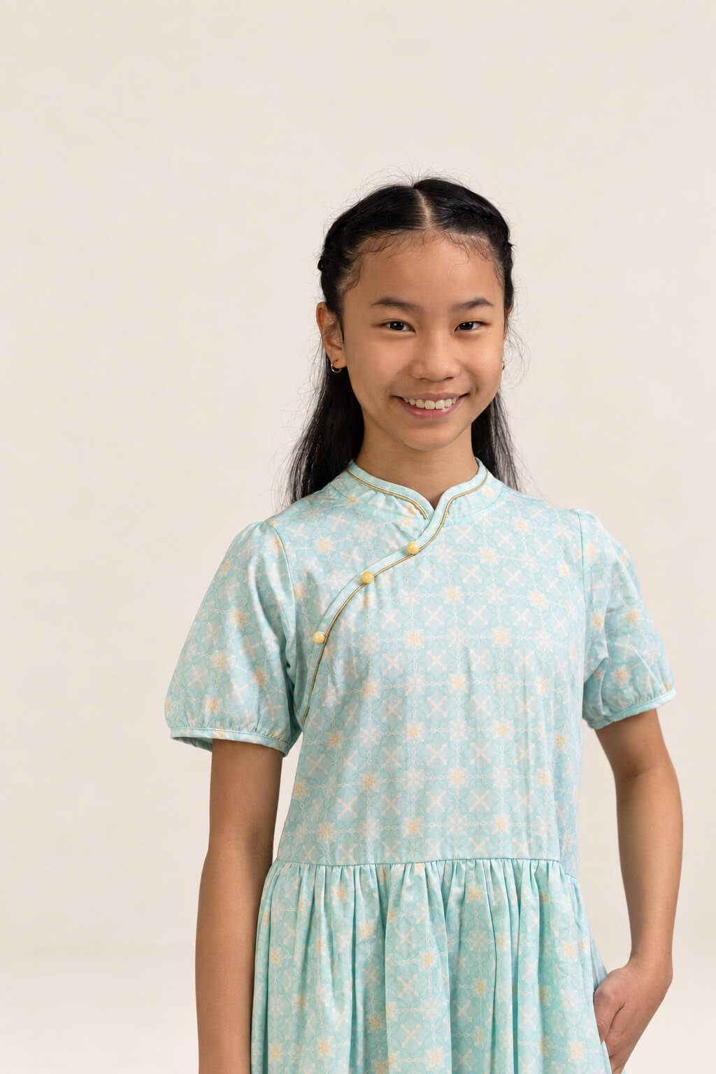Giselle Cheongsam - Teal Plaid Tiles