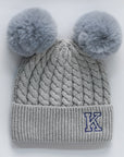 Grey knitted beanie with double pom-poms 