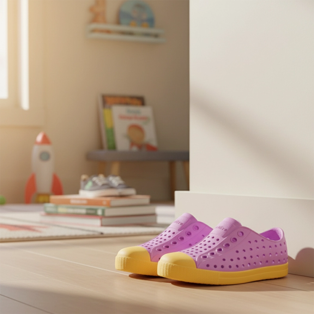 Pink shoes with yellow soles