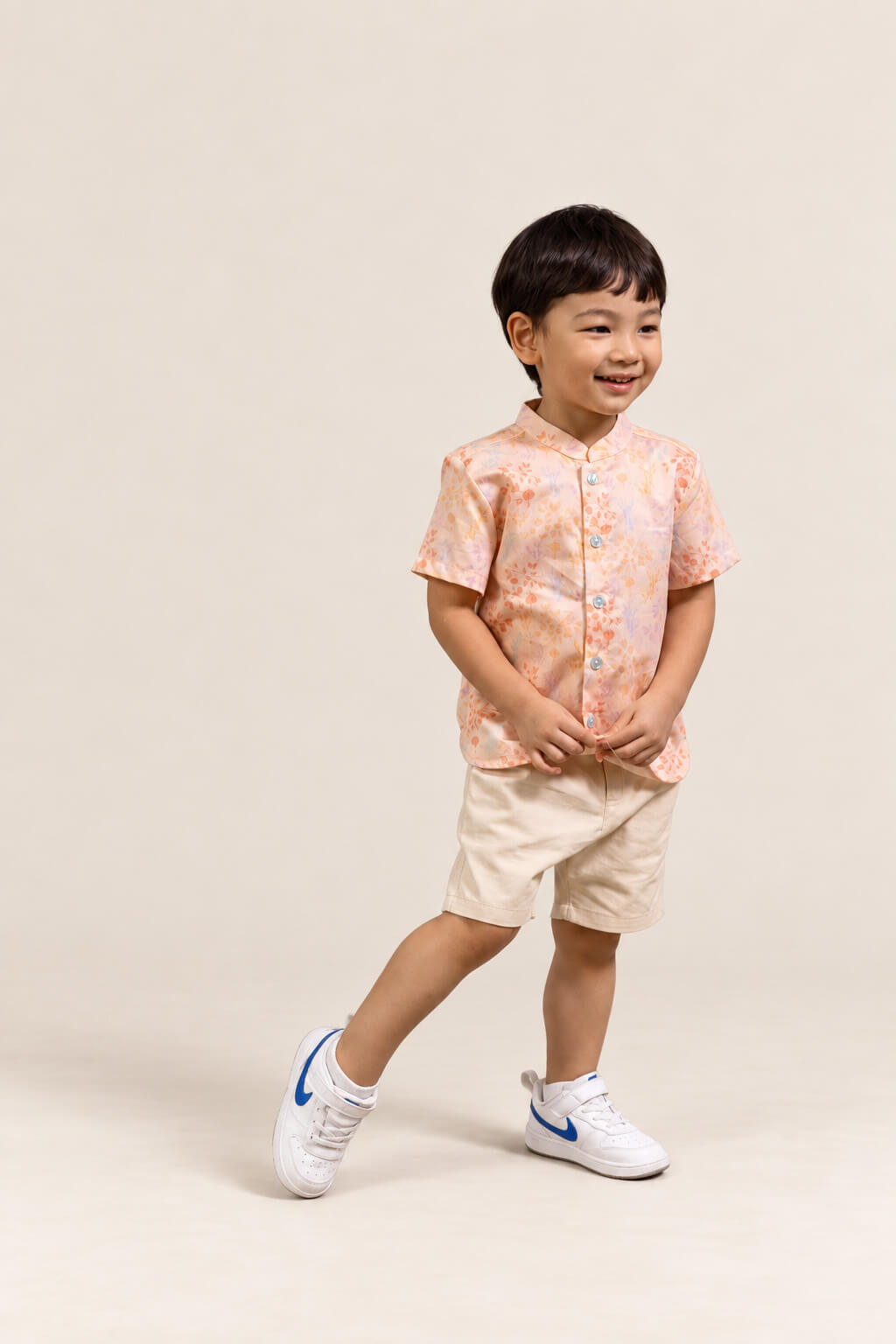 Mandarin-collared Shirt - Pink Floral Bamboo