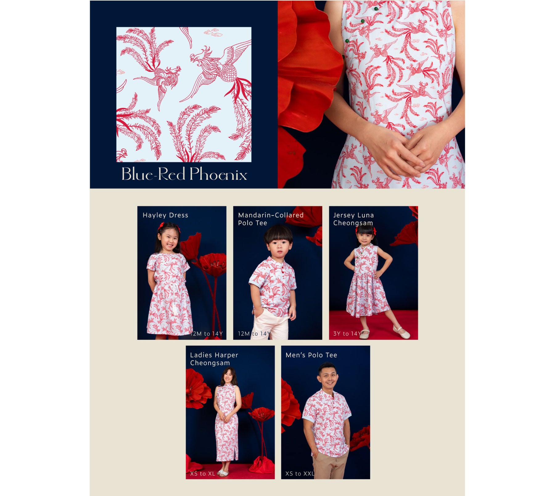 Blue & red phoenix print dresses & shirts.
