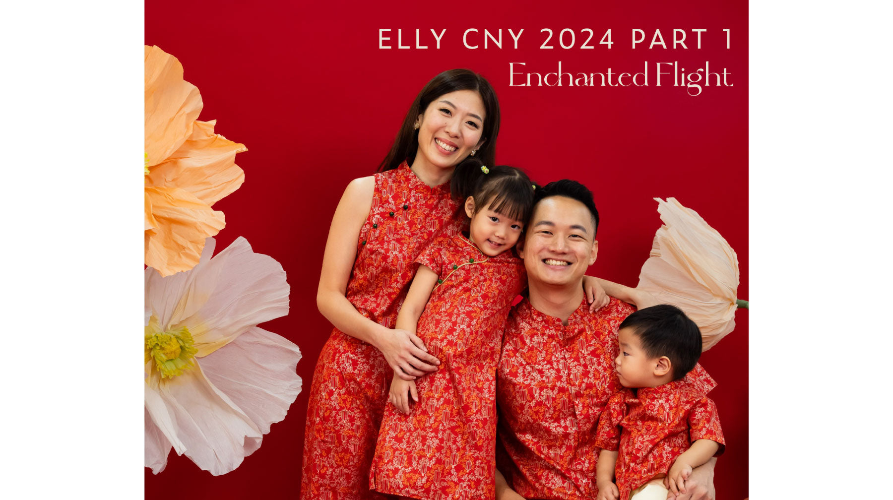 Family in red traditional outfits