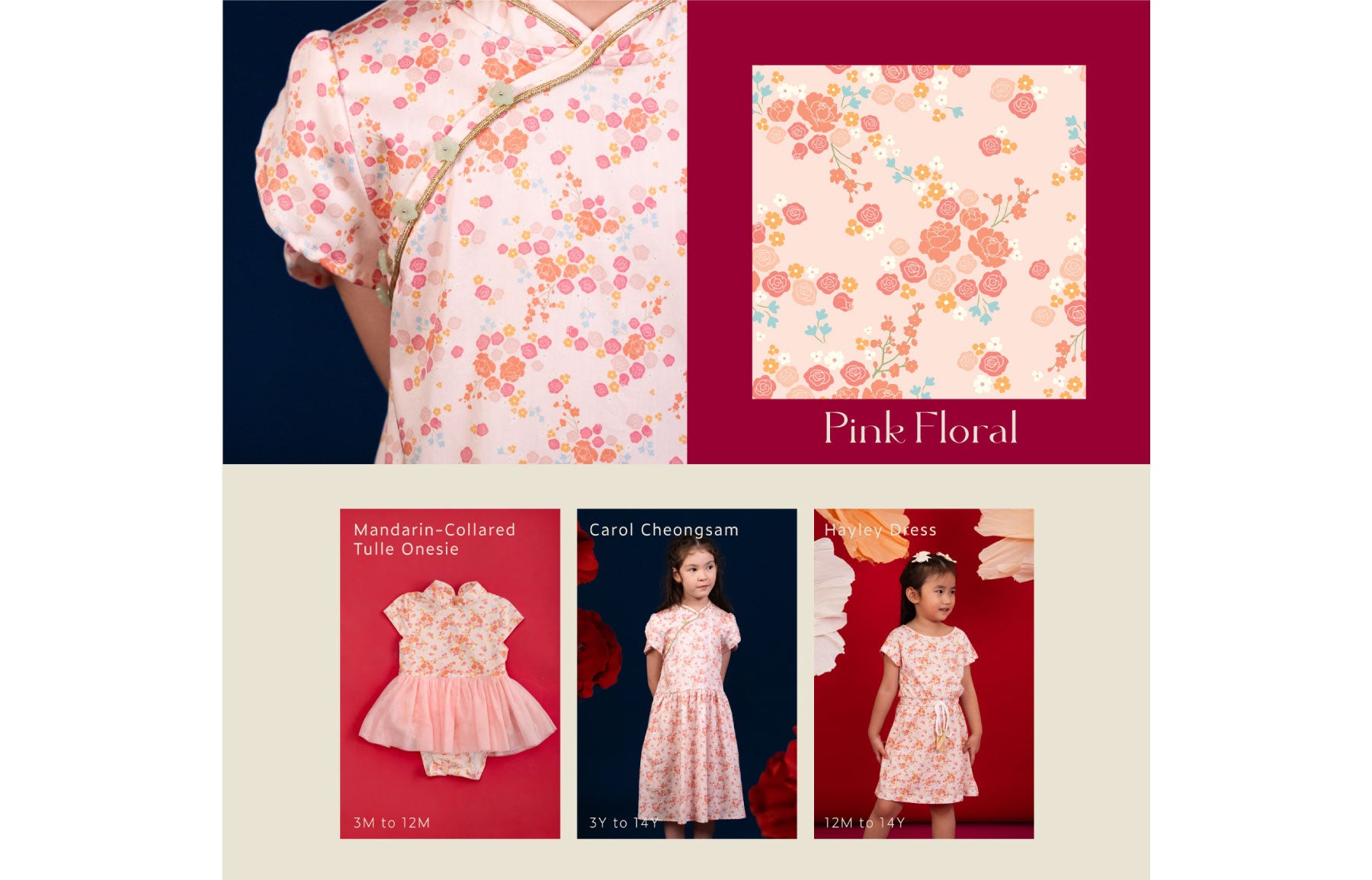 Pink floral dress and fabric swatches.