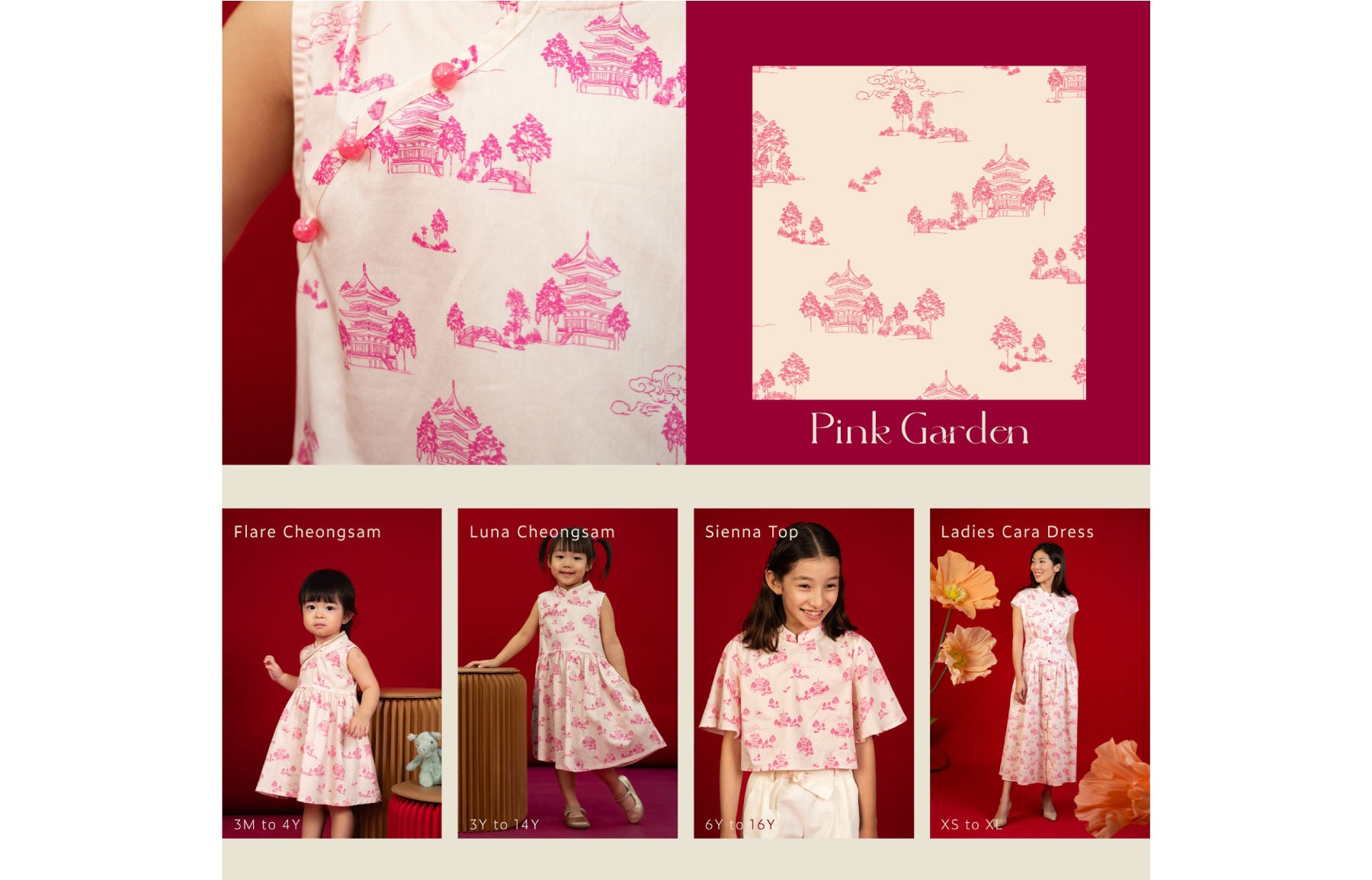 Pink Garden lookbook featuring dresses and patterns.