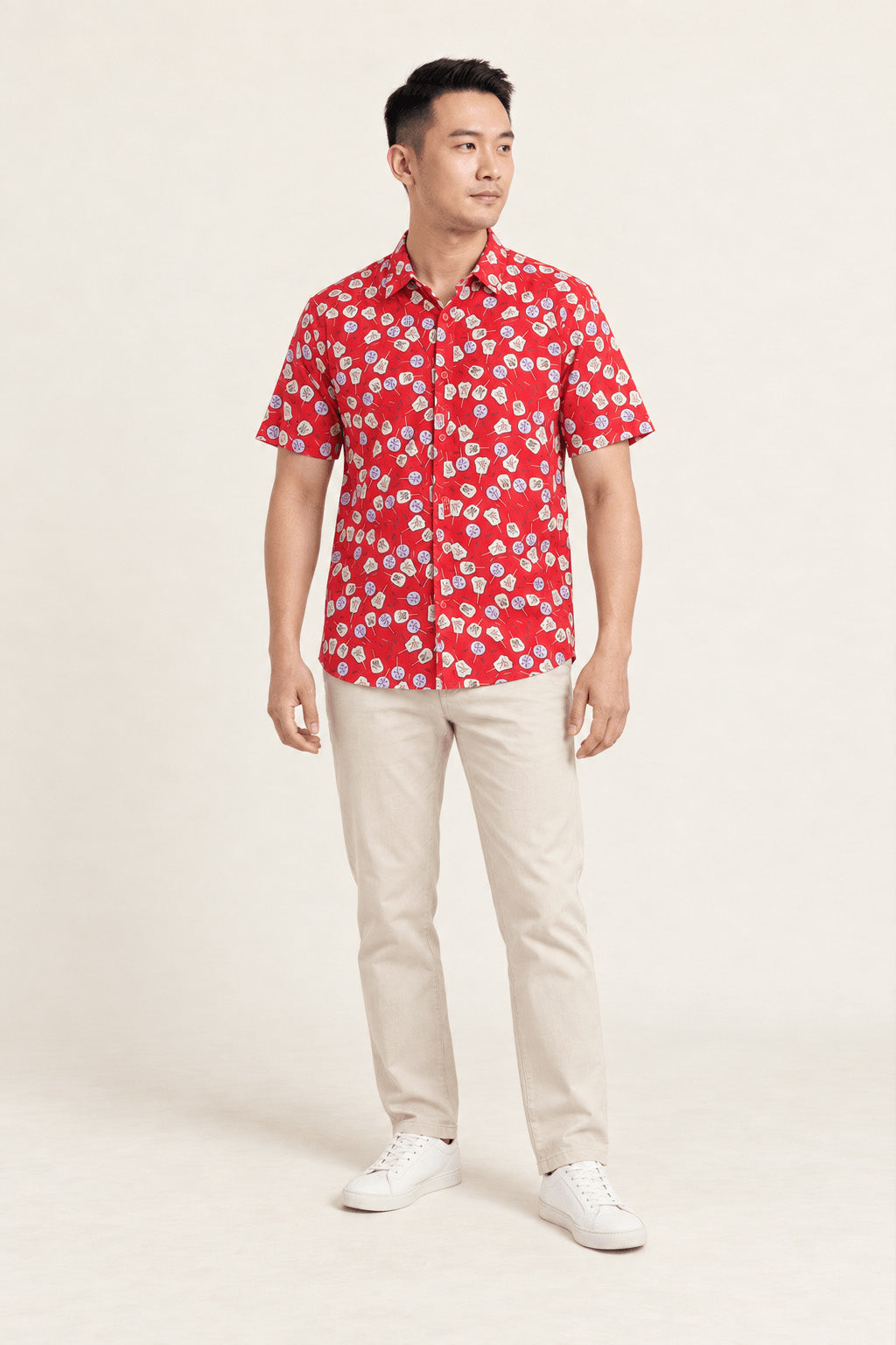 Men's Mandarin-collared Shirt - Red Fans