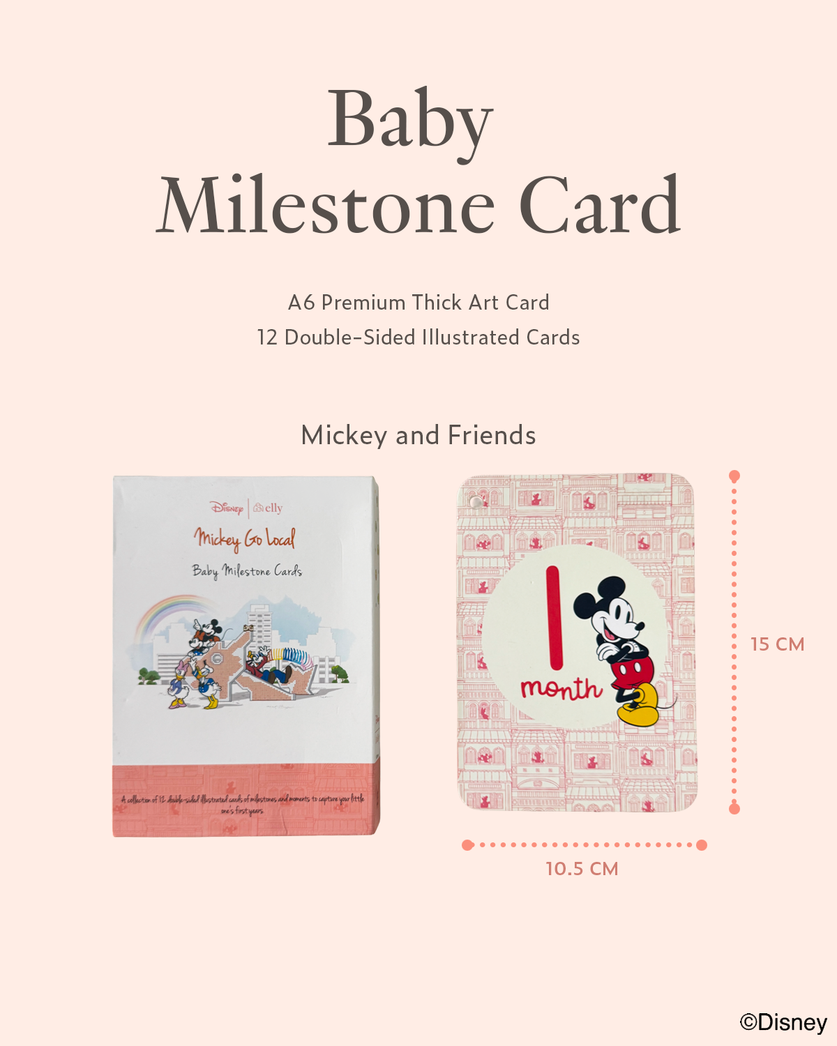 Baby milestone card set with Mickey and Friends design on a light pink background