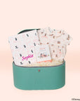 Baby gift  with clara dress, jersey blanket and mickey and friends milestone card in personalised turquoise gift box 