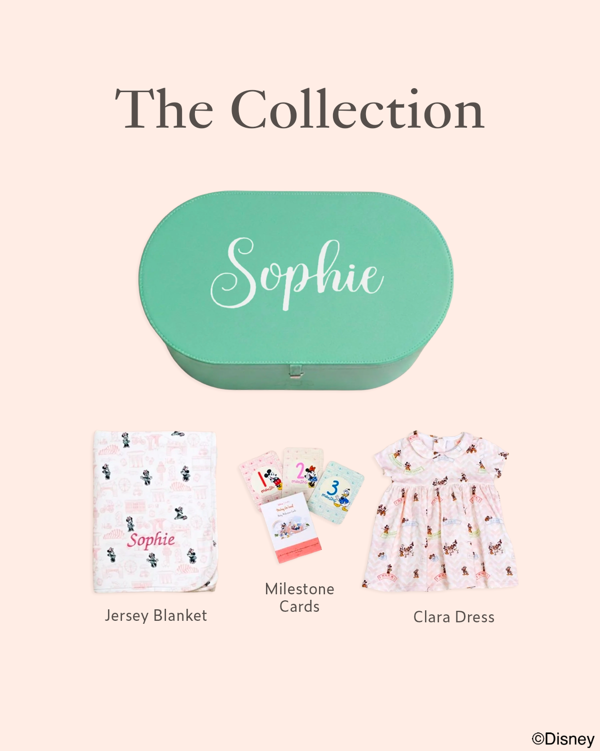Collection of baby items including a jersey blanket, milestone cards, and clara dress 