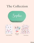 Collection of baby items including a jersey blanket, milestone cards, and clara dress 