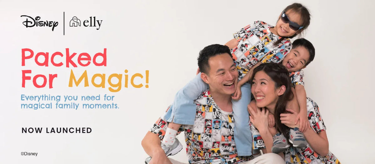 Family in matching outfits with Disney and Elly branding, promoting 'Packed For Magic' campaign.