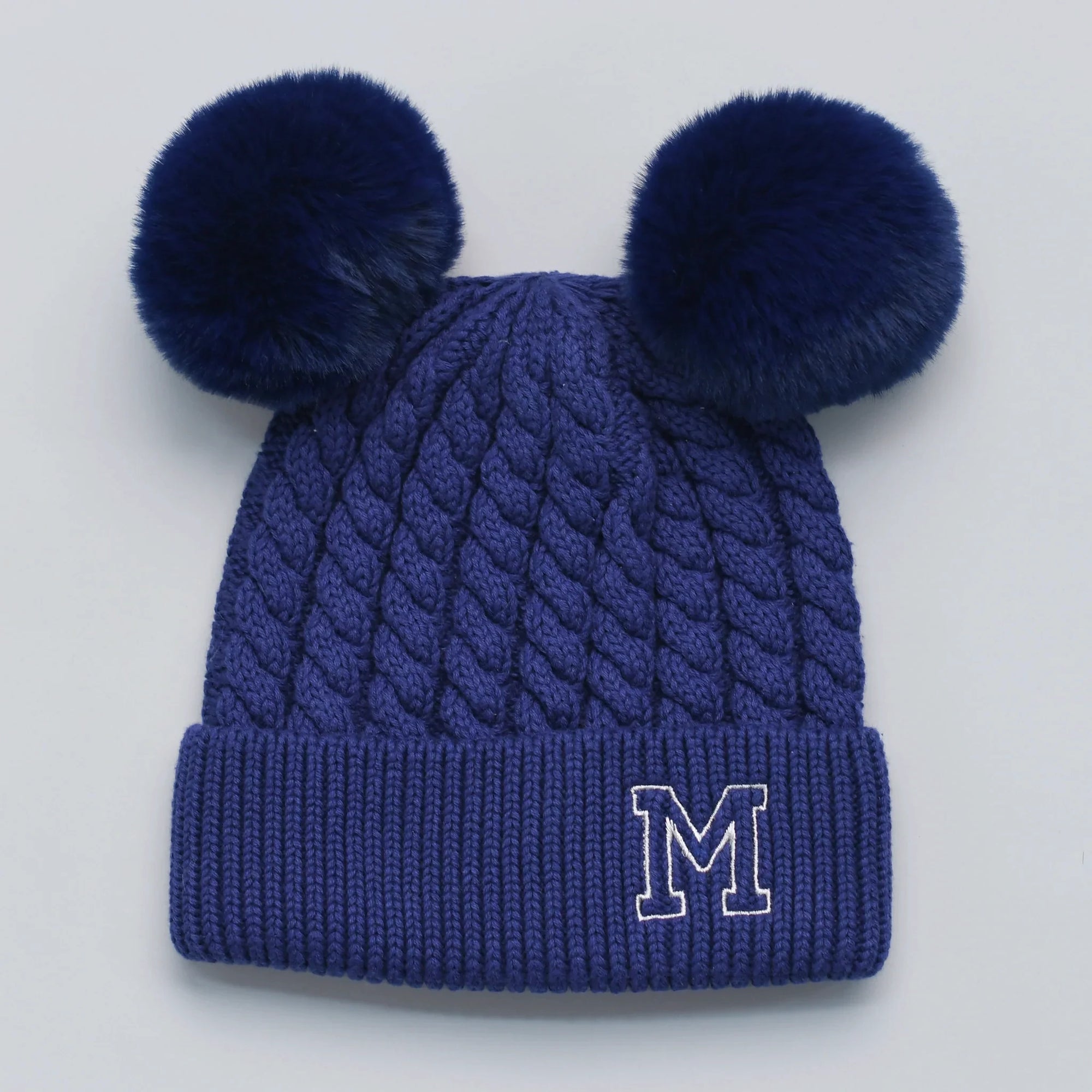 Blue knit beanie with double pom-poms 