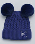 Blue knit beanie with double pom-poms 