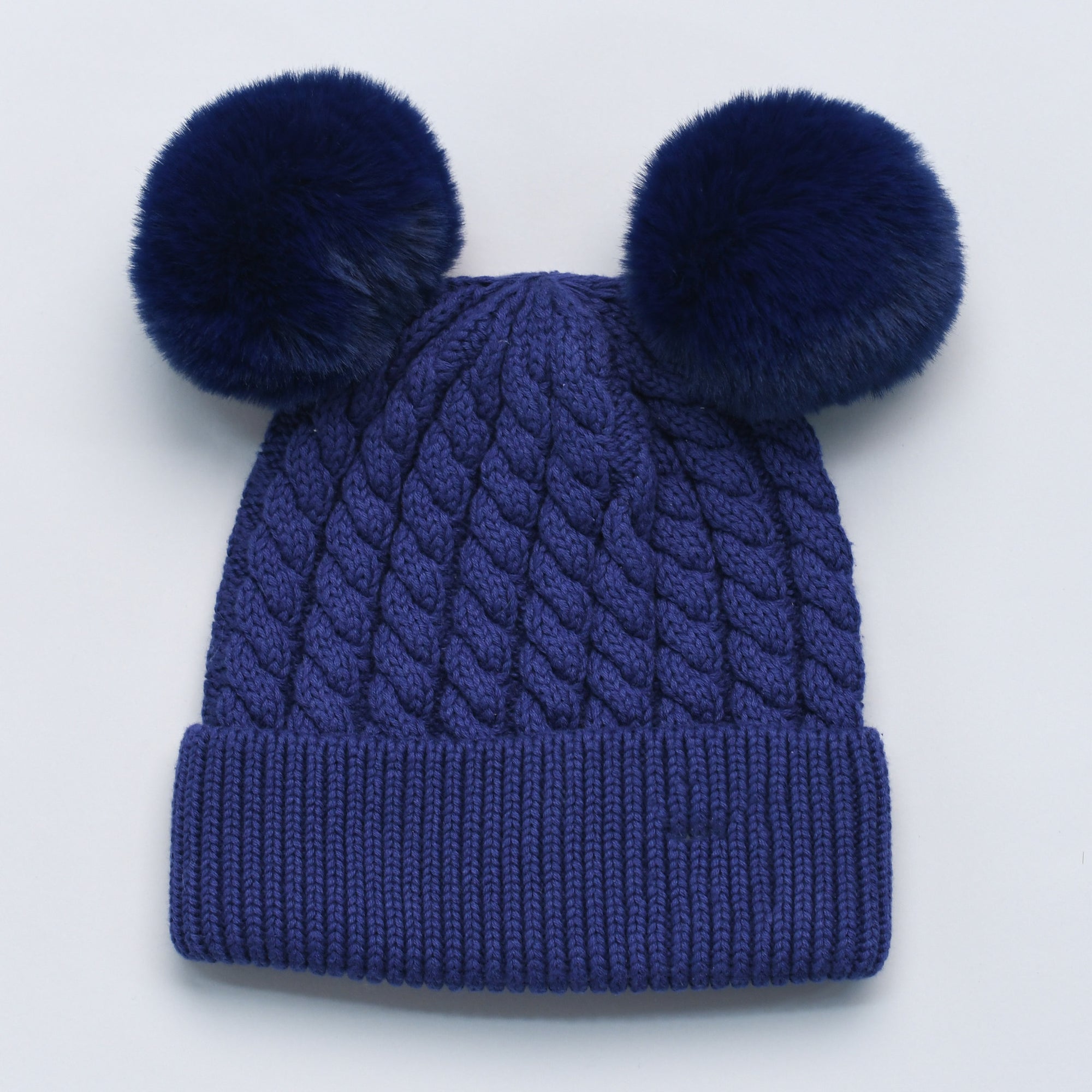 Blue knit beanie with double pom-poms 
