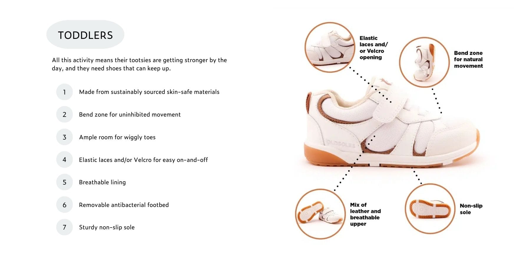 Old Soles toddler shoe model with features like velcro and non-slip sole.