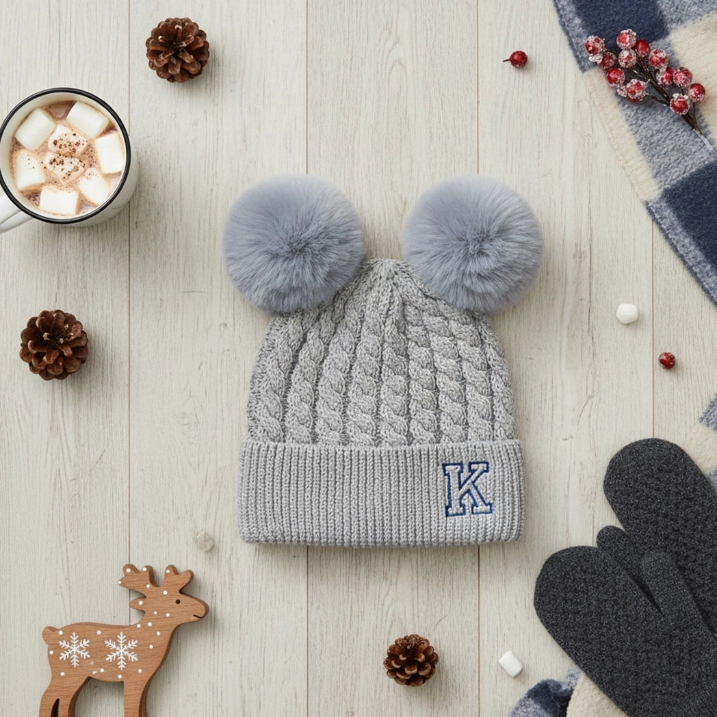 Grey knitted beanie with double pom-poms 