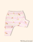 Close-up of baby leggings with pink striped Pooh print, soft stretch fabric and elastic waistband