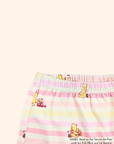 Close-up of elastic waistband on baby leggings with pink stripes and Pooh design