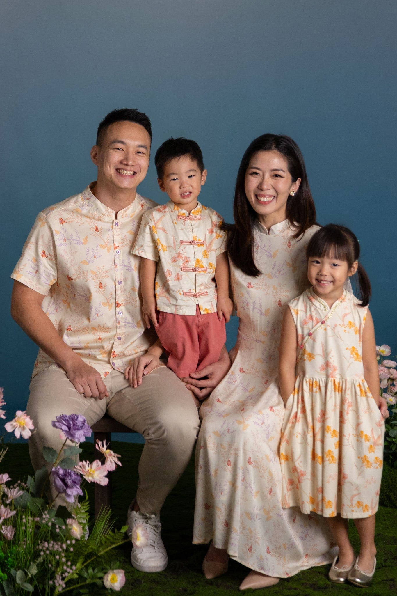 Family portrait in matching outfits