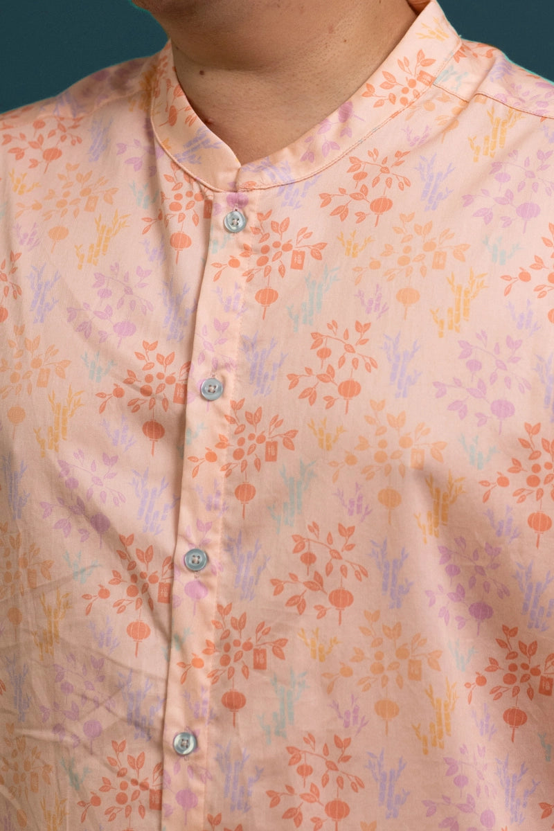 Men's Mandarin-collared Shirt - Pink Floral Bamboo