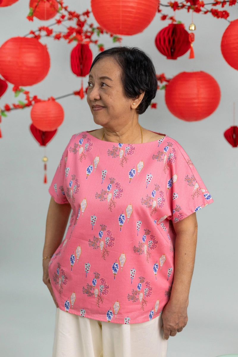 Ladies Becca Top - Pink Floral Lanterns