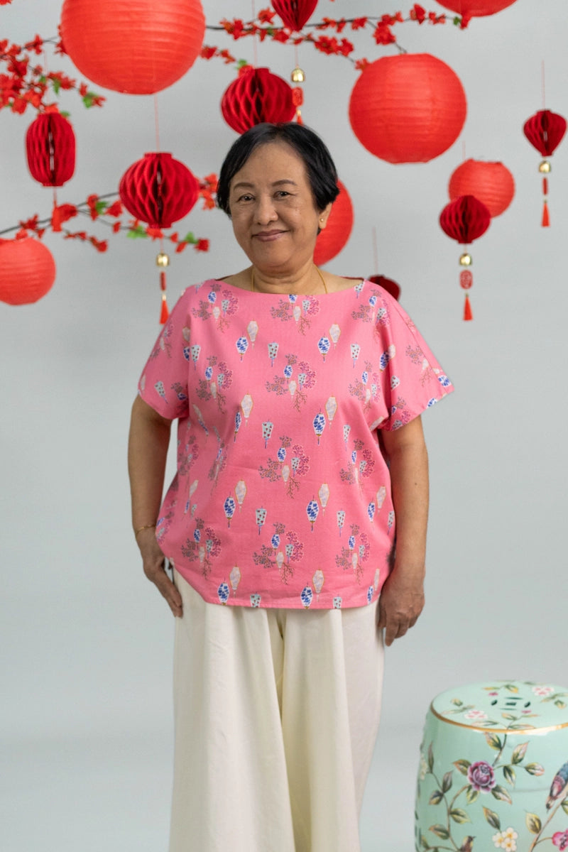 Ladies Becca Top - Pink Floral Lanterns