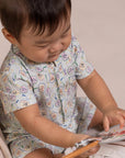 Mandarin-collared Polo Romper - Blue Fans
