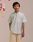 Mandarin-collared Polo Tee - Blue Fans