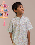 Mandarin-collared Polo Tee - Blue Fans