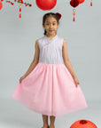 Flare Tulle Cheongsam - Pink Teal Mosaic