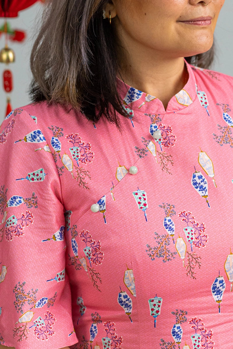 Ladies Renee Cheongsam - Pink Floral Lanterns