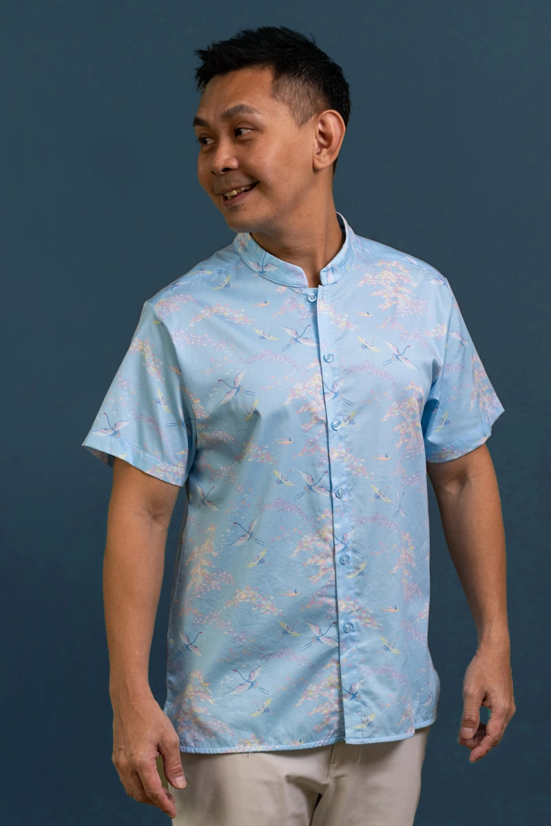 Men's Mandarin-collared Shirt - Blue Cranes