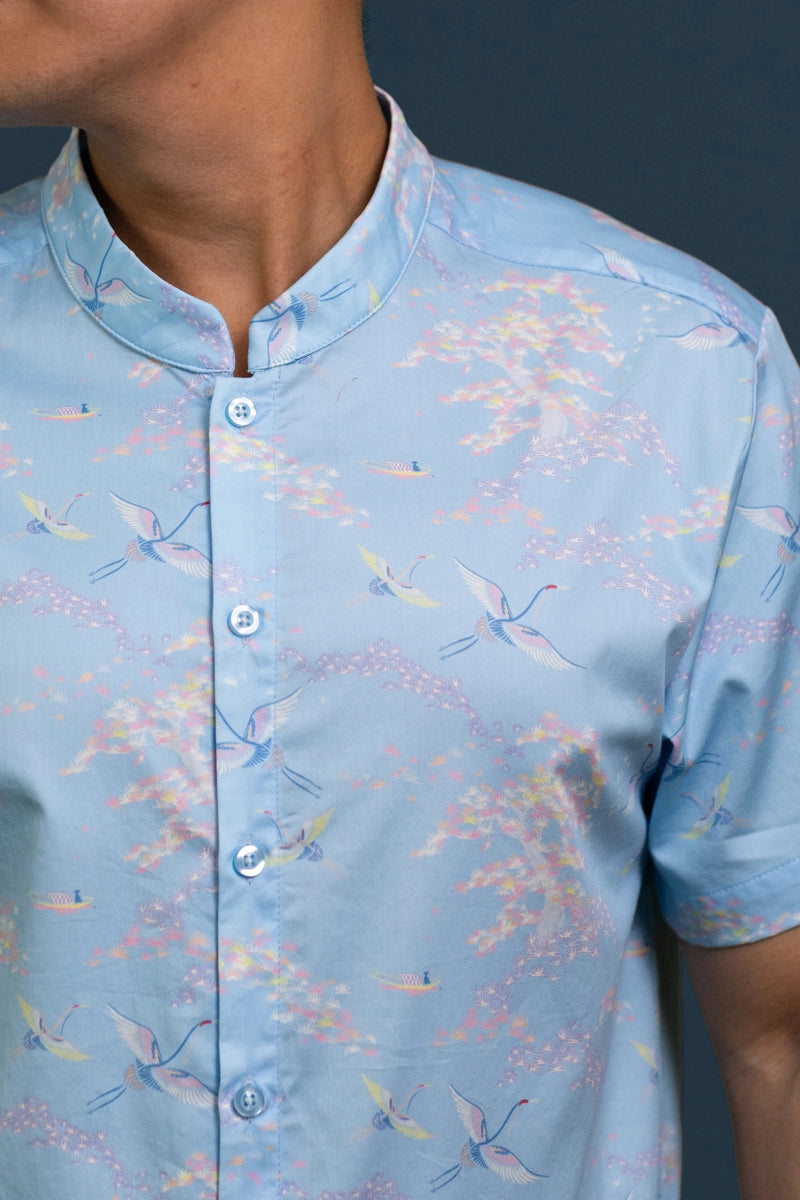 Men's Mandarin-collared Shirt - Blue Cranes