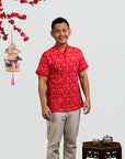 Men's Mandarin-collared Polo Tee - Red Floral Bamboo