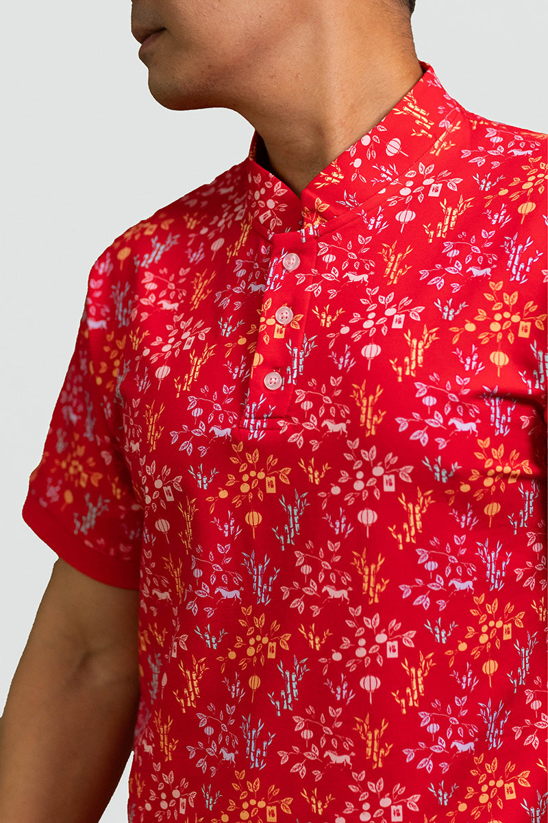 Men's Mandarin-collared Polo Tee - Red Floral Bamboo