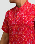 Men's Mandarin-collared Polo Tee - Red Floral Bamboo