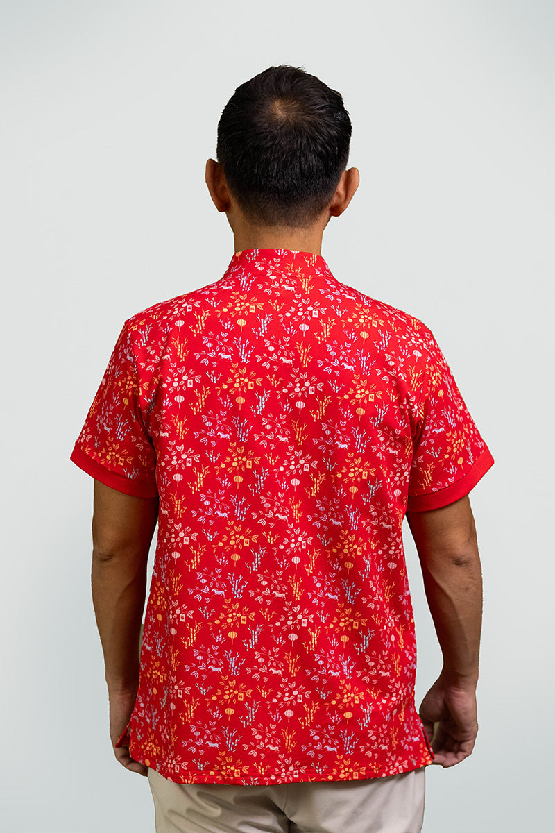 Men's Mandarin-collared Polo Tee - Red Floral Bamboo
