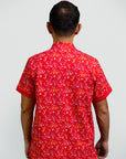Men's Mandarin-collared Polo Tee - Red Floral Bamboo