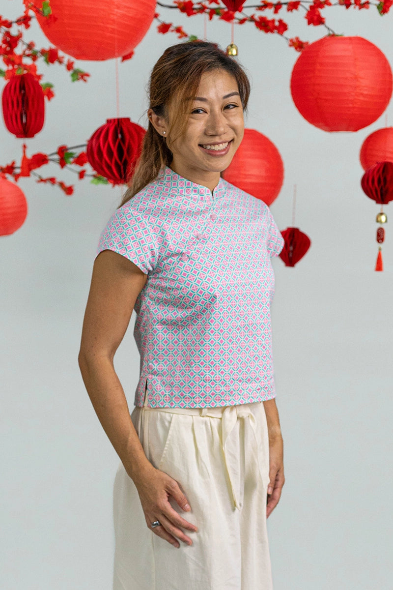 Ladies Alana Top - Pink Teal Mosaic