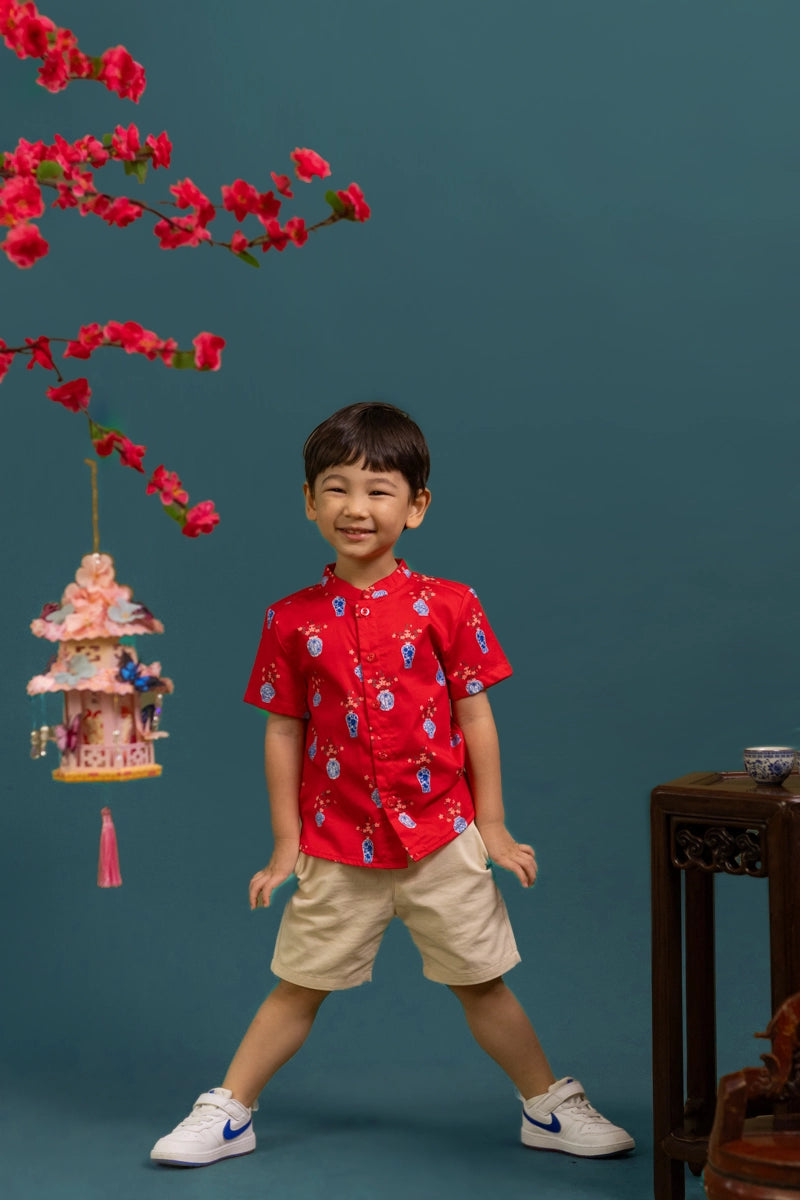 Mandarin-collared Shirt - Red Vases