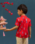 Mandarin-collared Shirt - Red Vases