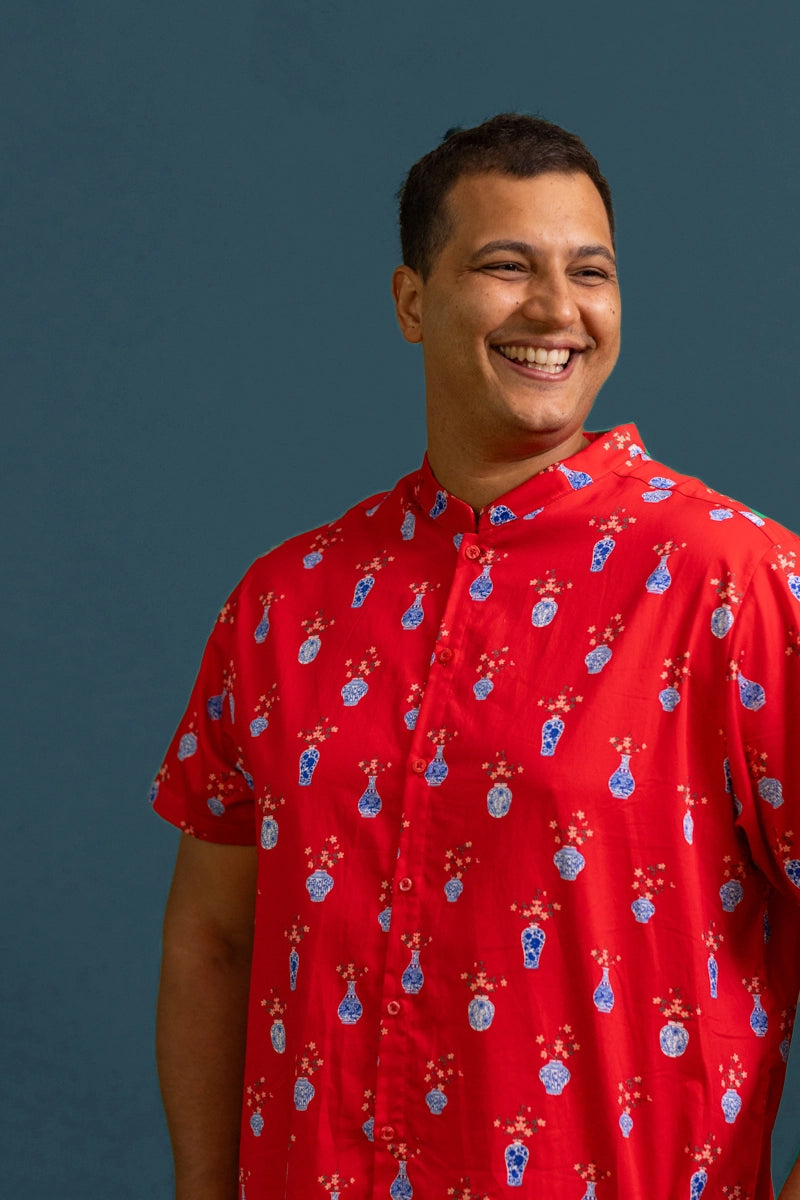 Men's Mandarin-collared Shirt - Red Vases