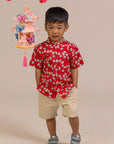 Mandarin-collared Shirt - Red Fans