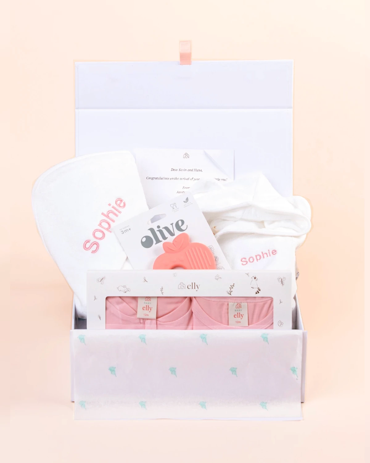 Sweet Dreams Baby Gift Set with personalised baby towel, bathrobe, bamboo outfit set and silicone teether in gift box