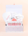 Sweet Dreams Baby Gift Set with personalised baby towel, bathrobe, bamboo outfit set and silicone teether in gift box