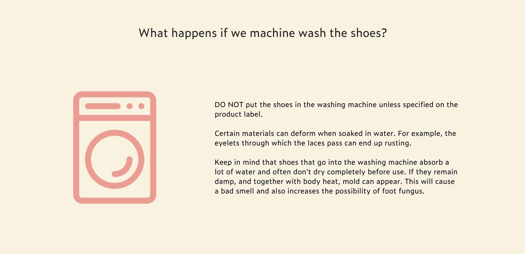 Don't machine wash shoes - risks of damage, mold, and fungus.