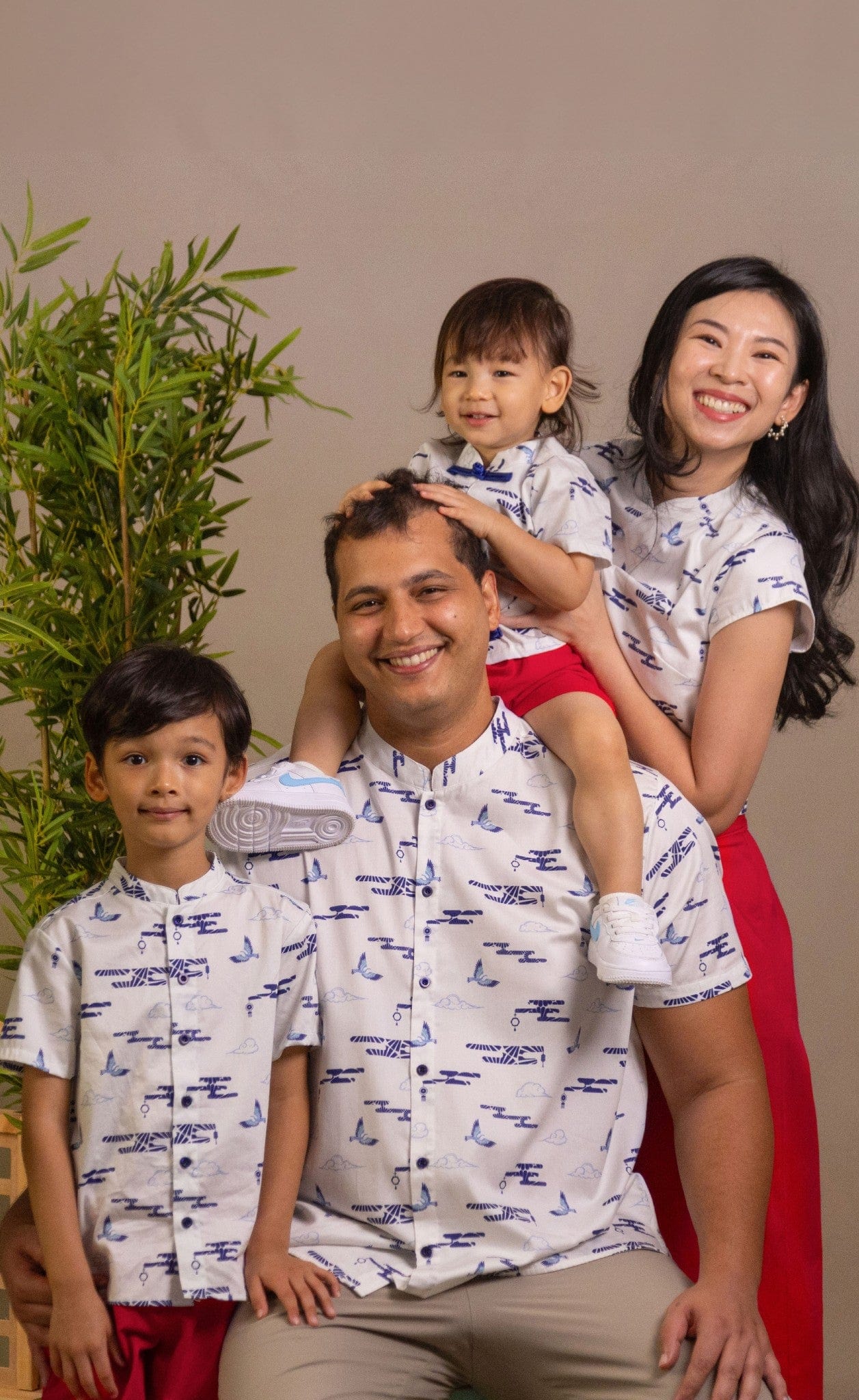 Family portrait in matching shirts