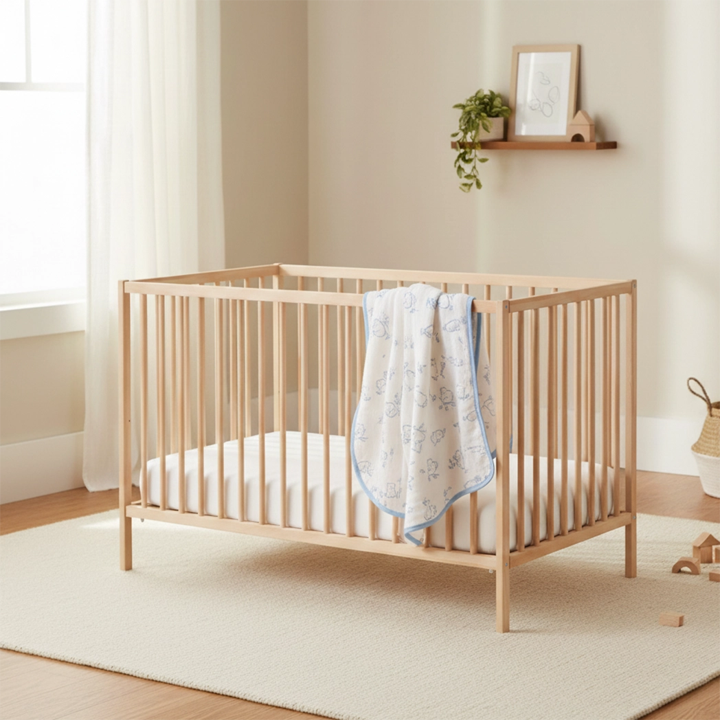 Bamboo Muslin Blanket - Beary Best on a cot